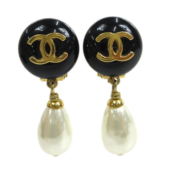 Chanel Artificial Pearl Dangle Earrings Clip-On Black - Picture 1 of 4
